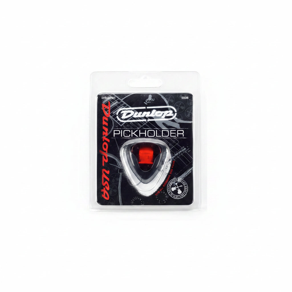 Dunlop pickholder packaging with red pick inside on a black and white background