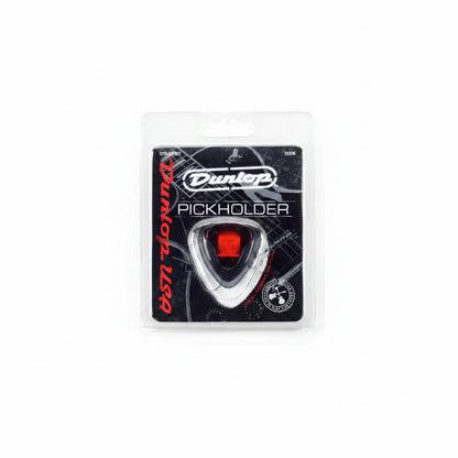 Dunlop pickholder packaging with red pick inside on a black and white background