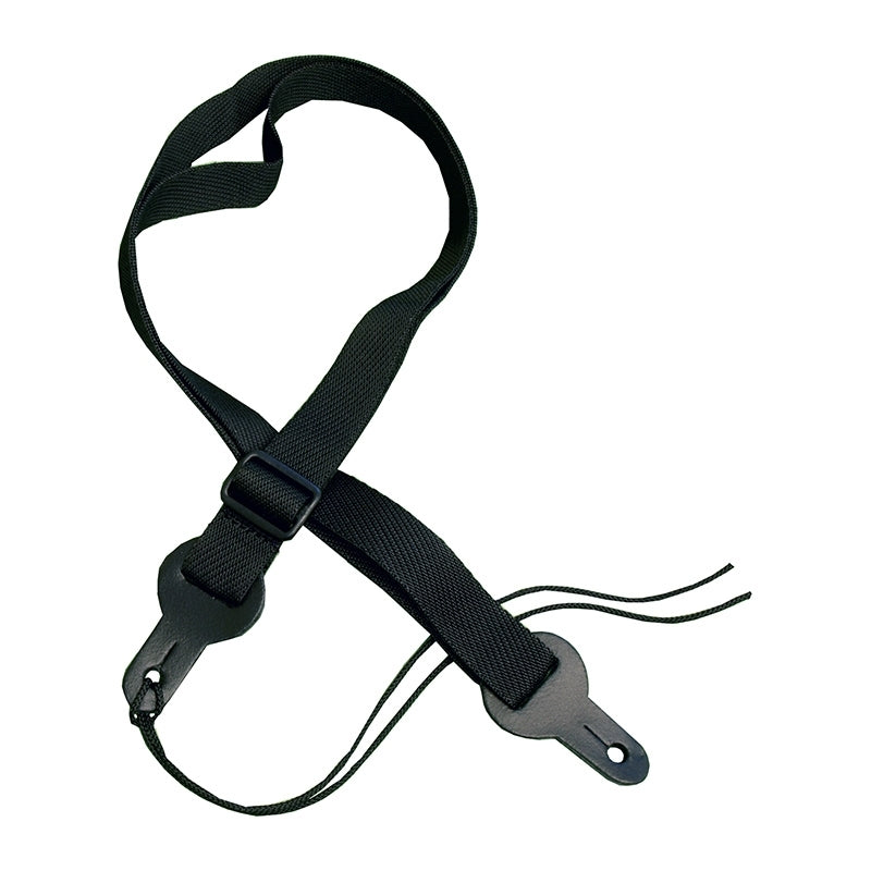 Black mandolin strap on a white background