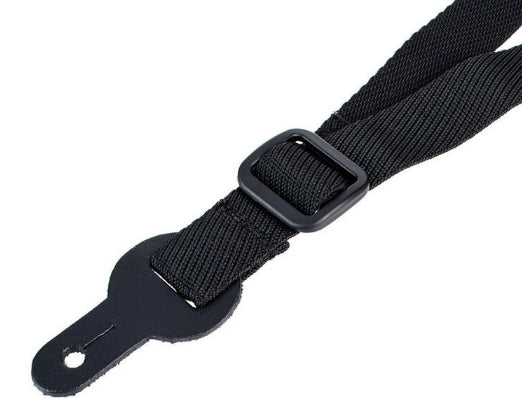 Black mandolin strap with a metal buckle on a white background