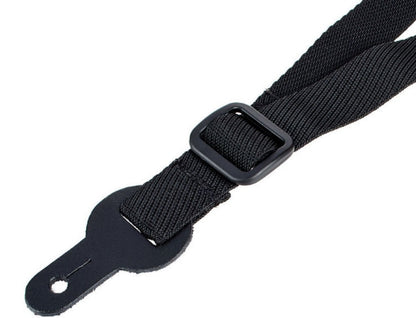 Black mandolin strap with a metal buckle on a white background