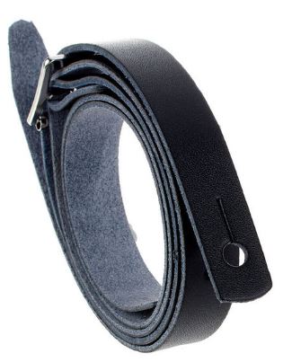 This mandolin strap looks like a leather belt with silver buckle, black leather on a white background
