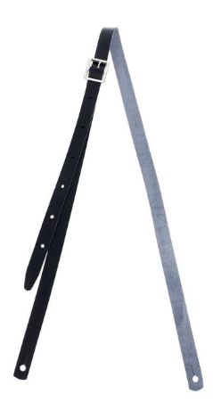 Black and grey mandolin strap on a white background