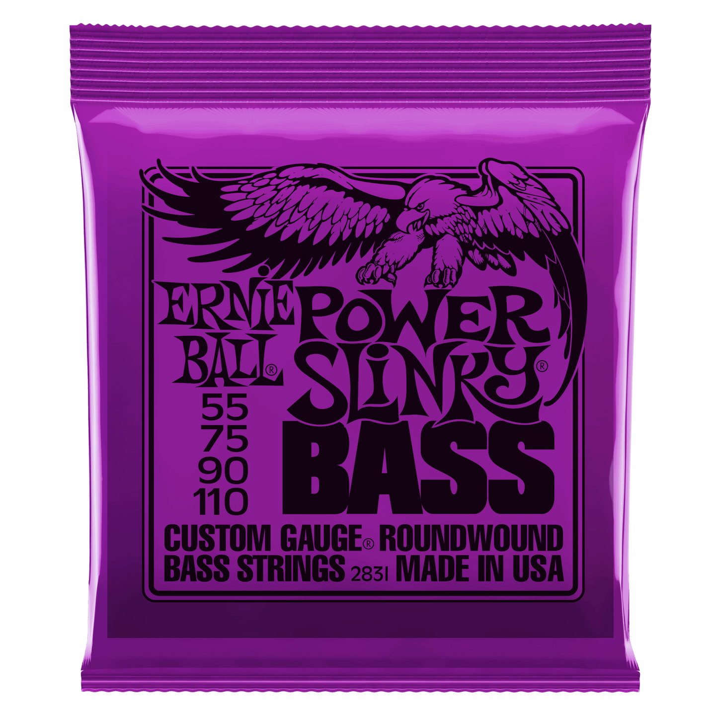 Purple packaging of Ernie Ball Slinky Bass guitar strings with an eagle illustration.