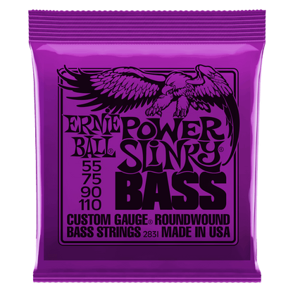 Purple packaging of Ernie Ball Slinky Bass guitar strings with an eagle illustration.