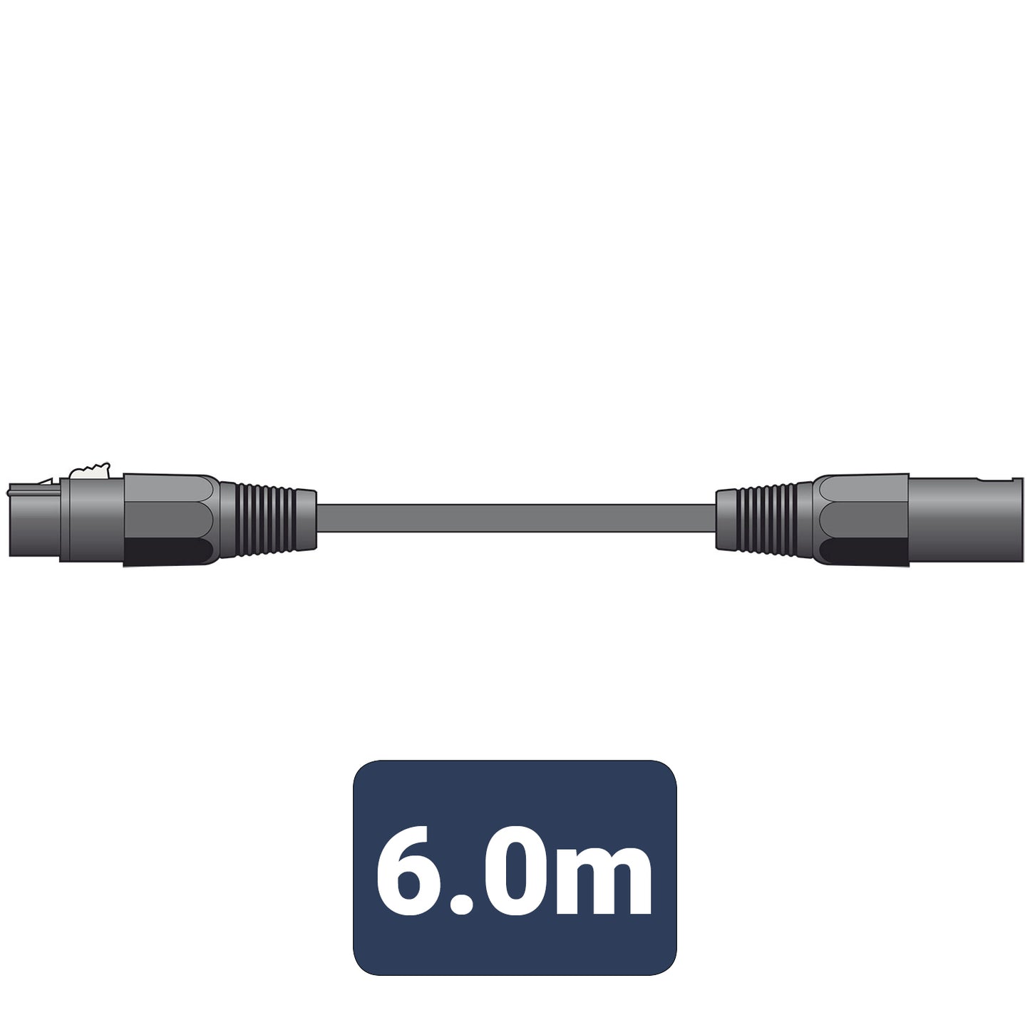 Black cable with connectors and a label indicating 6.0 meters on a white background