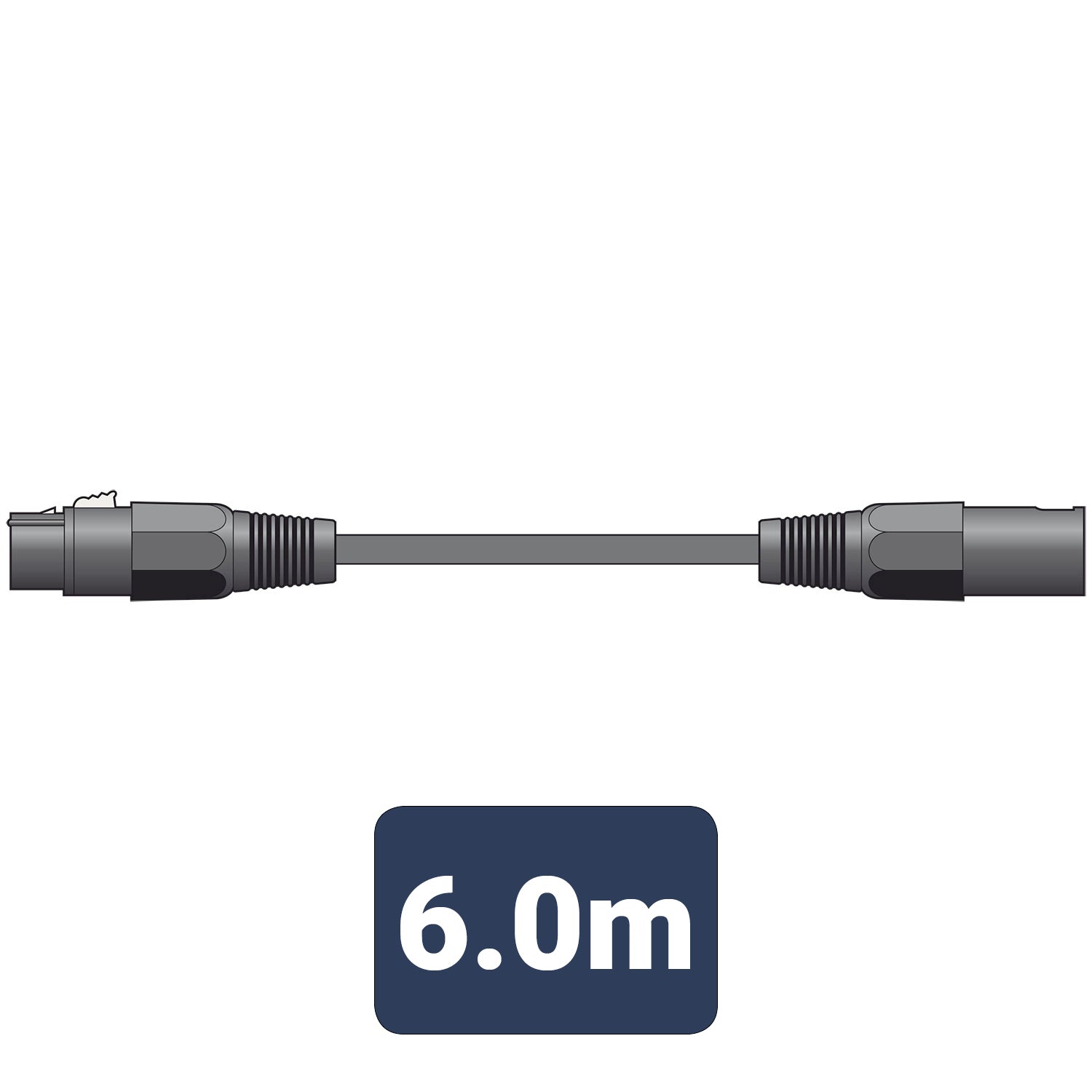 Black cable with connectors and a label indicating 6.0 meters on a white background