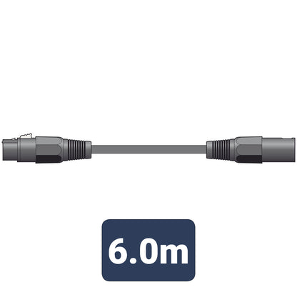 Black cable with connectors and a label indicating 6.0 meters on a white background