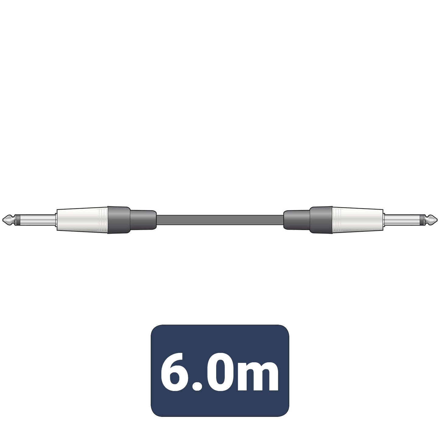 6.0m audio cable with silver and black connectors on a white background