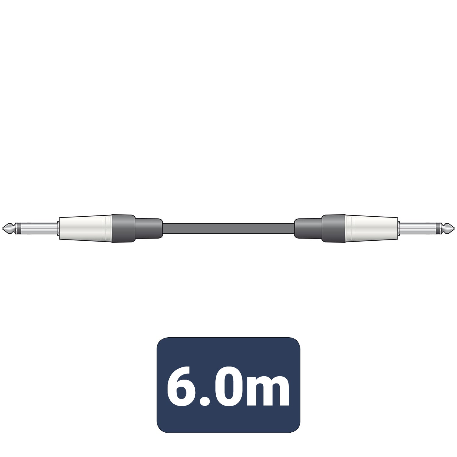 6.0m audio cable with silver and black connectors on a white background