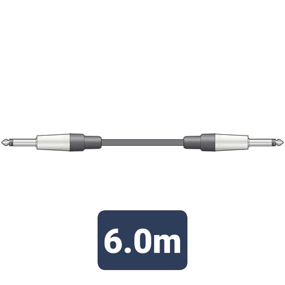 6.0m audio cable with silver and black connectors on a white background