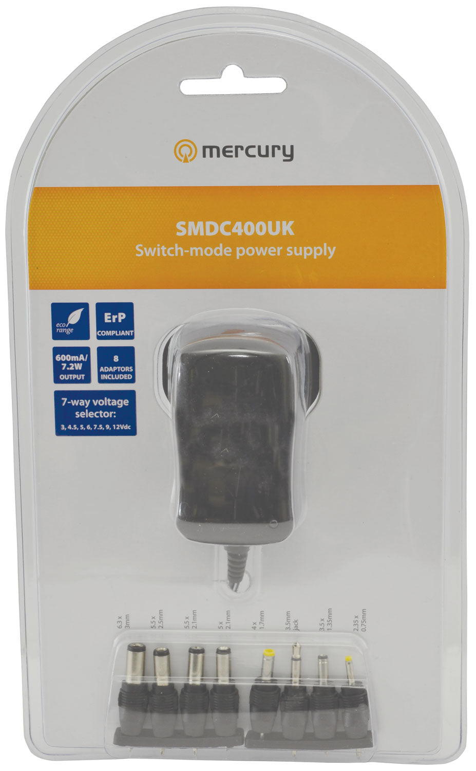 Mercury switch-mode power supply in packaging with various plug options.