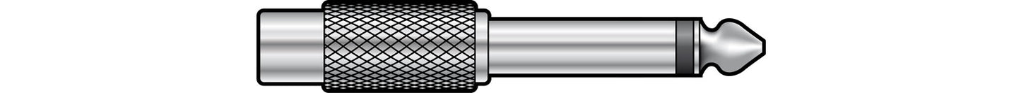 An illustration of a metal adaptor converts 1 RCA female to 1 6.5 Jack male.
