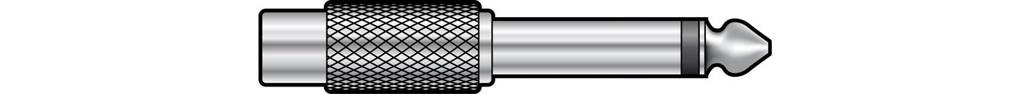 An illustration of a metal adaptor converts 1 RCA female to 1 6.5 Jack male.