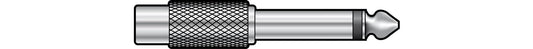 An illustration of a metal adaptor converts 1 RCA female to 1 6.5 Jack male.