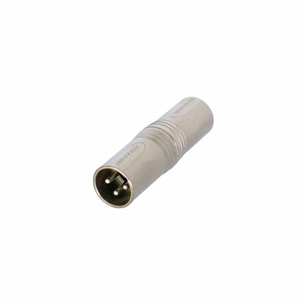 A silver metal XLR adapter connector with three pins on the male end, shown on a plain white background.