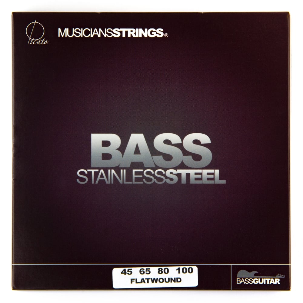 Box of Musicians' Strings Bass Stainless Steel bass guitar strings on a white background