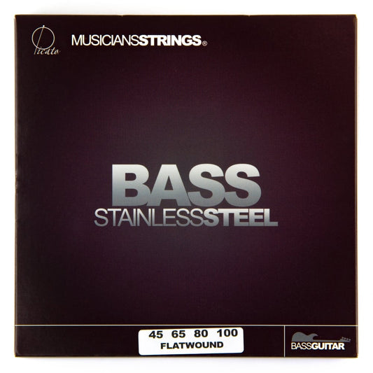 Box of Musicians' Strings Bass Stainless Steel bass guitar strings on a white background