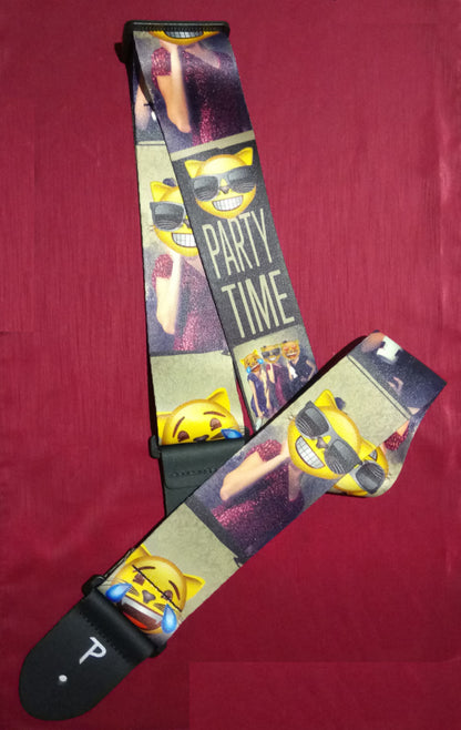 Guitar strap with cartoon character design and 'Party Time' text on a red background