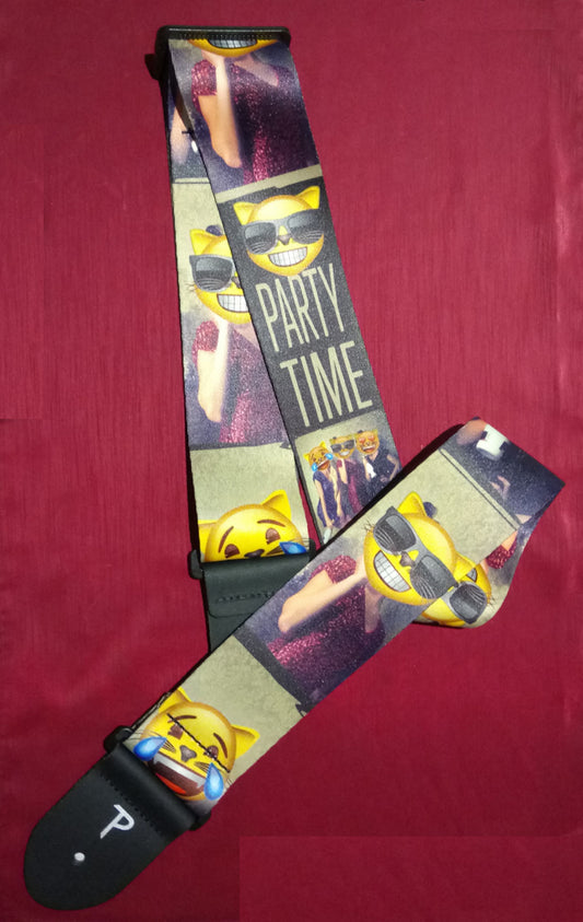 Guitar strap with cartoon character design and 'Party Time' text on a red background