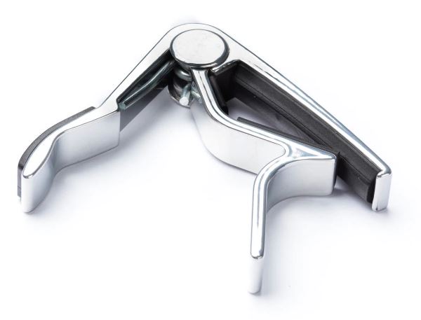 Chrome and black rubber guitar capo on a white background