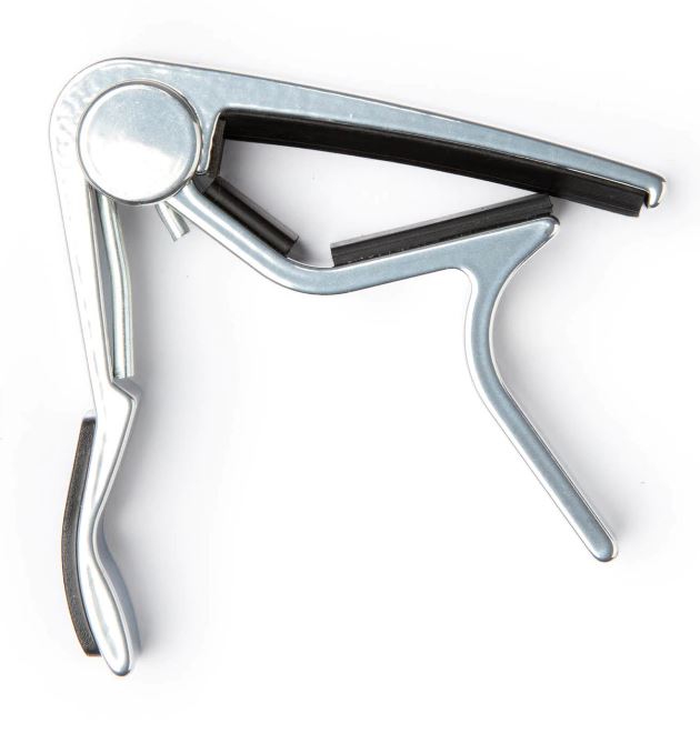 Metallic guitar capo  with black rubber on a white background
