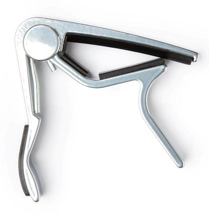 Metallic guitar capo  with black rubber on a white background