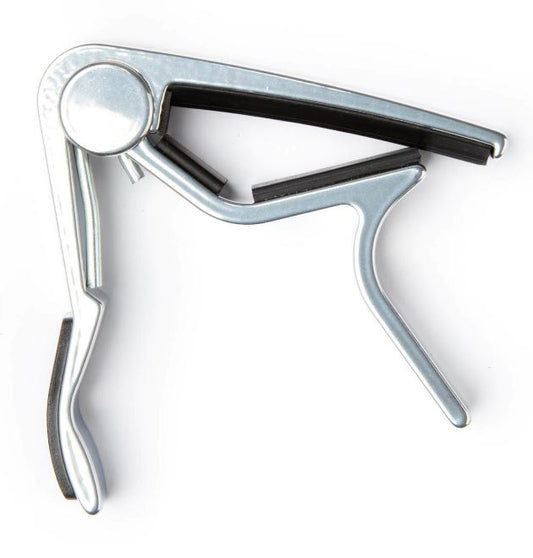 Metallic guitar capo  with black rubber on a white background