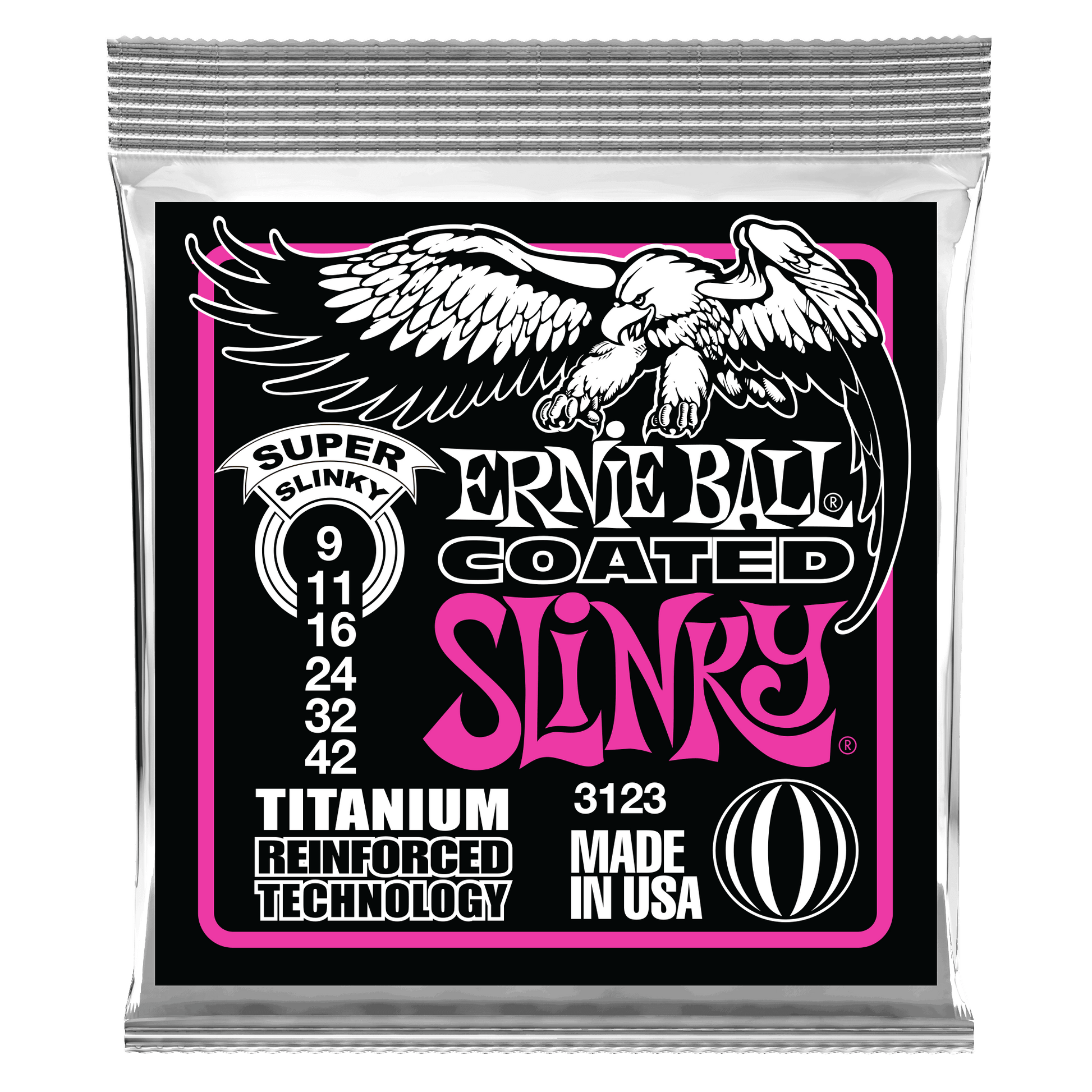 Ernie Ball guitar string packaging with eagle logo on a black background