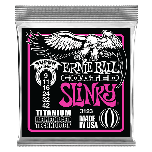 Ernie Ball guitar string packaging with eagle logo on a black background
