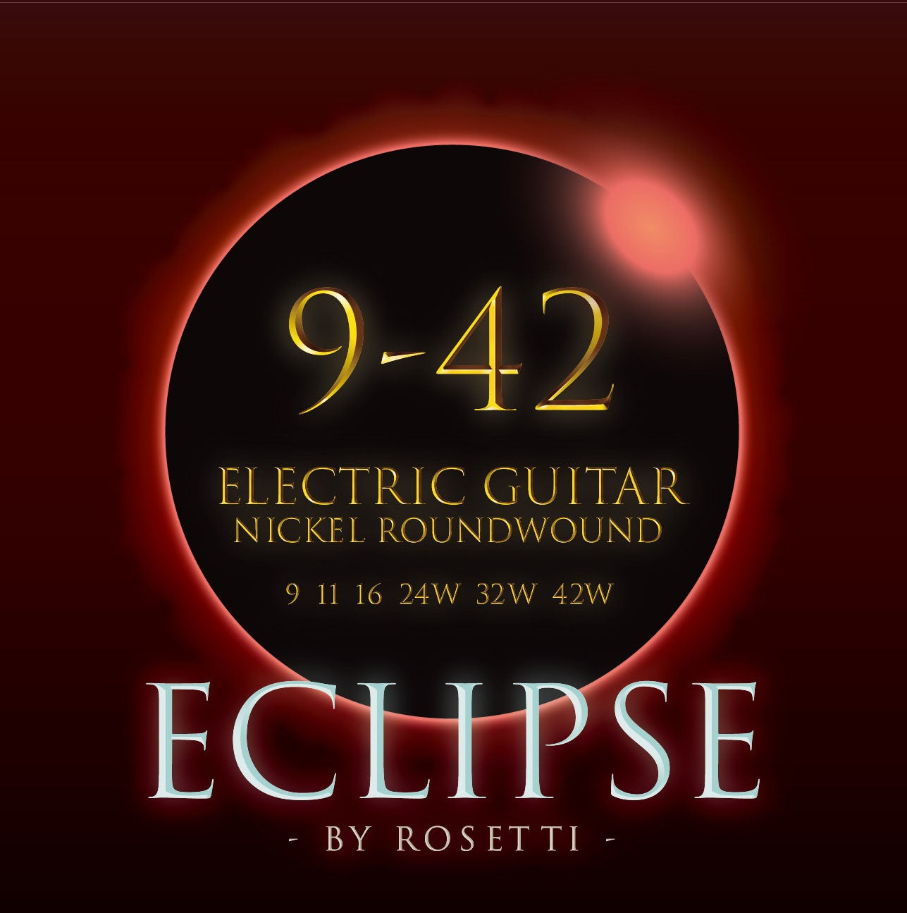Eclipse electric guitar string set packaging with '9-42' notation on a dark background