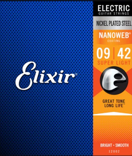 Elixir electric guitar strings packaging with blue and orange design