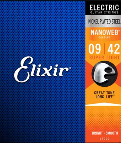 Elixir electric guitar strings packaging with blue and orange design