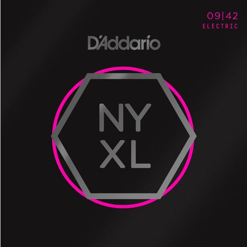 D'Addario NYXL electric guitar string set packaging on a black background