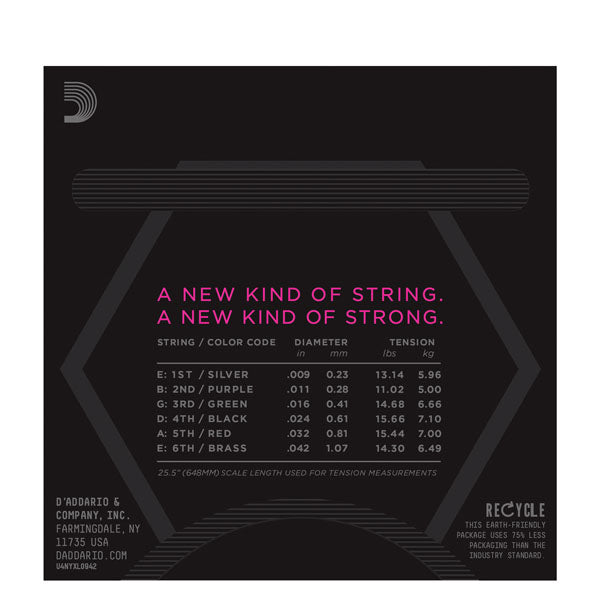 D'Addario guitar string packaging with product details on a black background