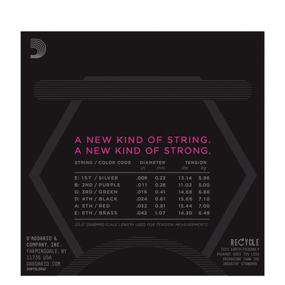 D'Addario guitar string packaging with product details on a black background