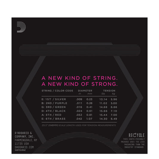 D'Addario guitar string packaging with product details on a black background