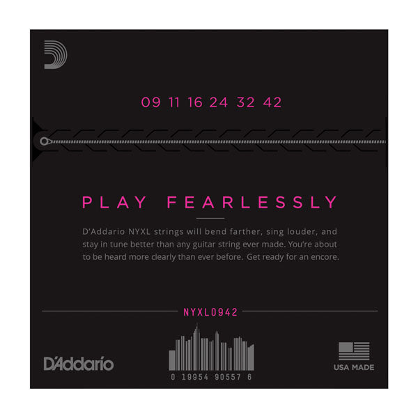 D'Addario guitar string set packaging with product details on a black background