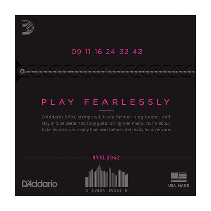 D'Addario guitar string set packaging with product details on a black background