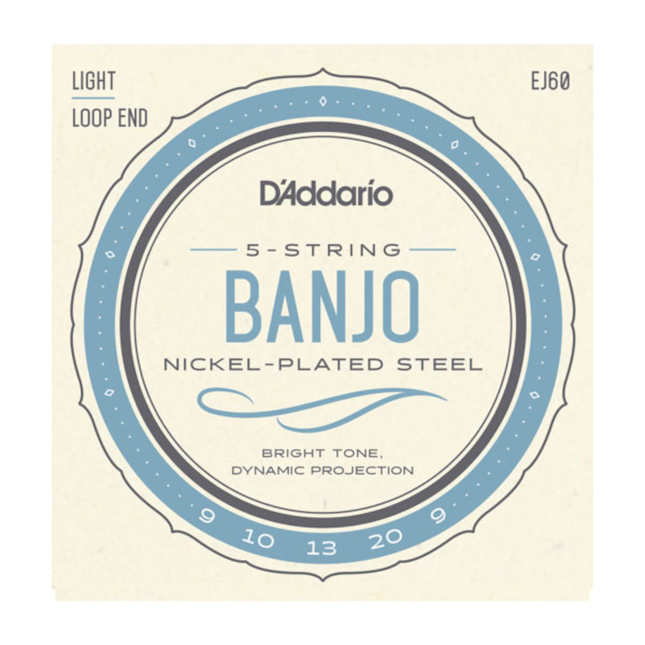 D'Addario 5-string banjo string set packaging with product details.