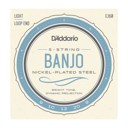 D'Addario 5-string banjo string set packaging with product details.