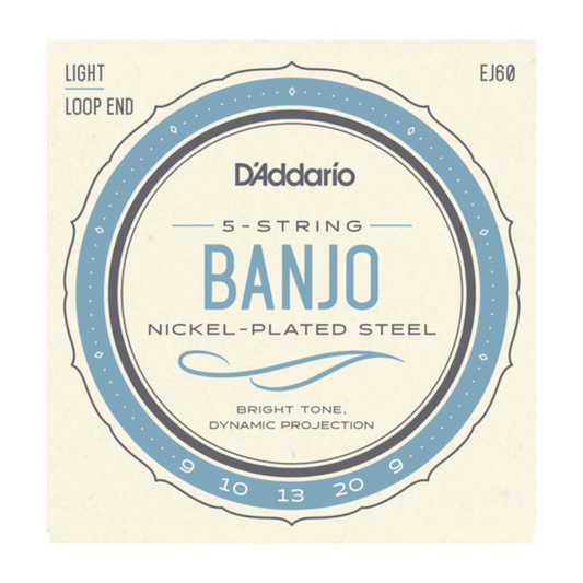 D'Addario 5-string banjo string set packaging with product details.