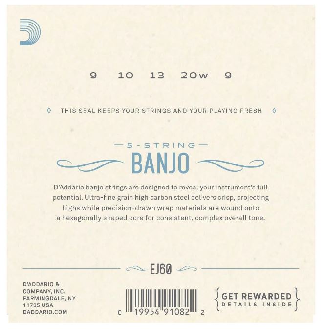 D'Addario 5-string banjo string set packaging with specifications and branding.