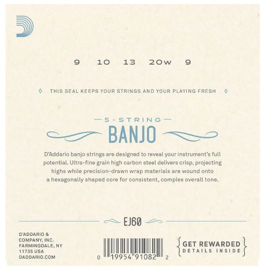 D'Addario 5-string banjo string set packaging with specifications and branding.