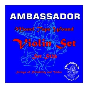 Ambassador violin string set packaging with blue background