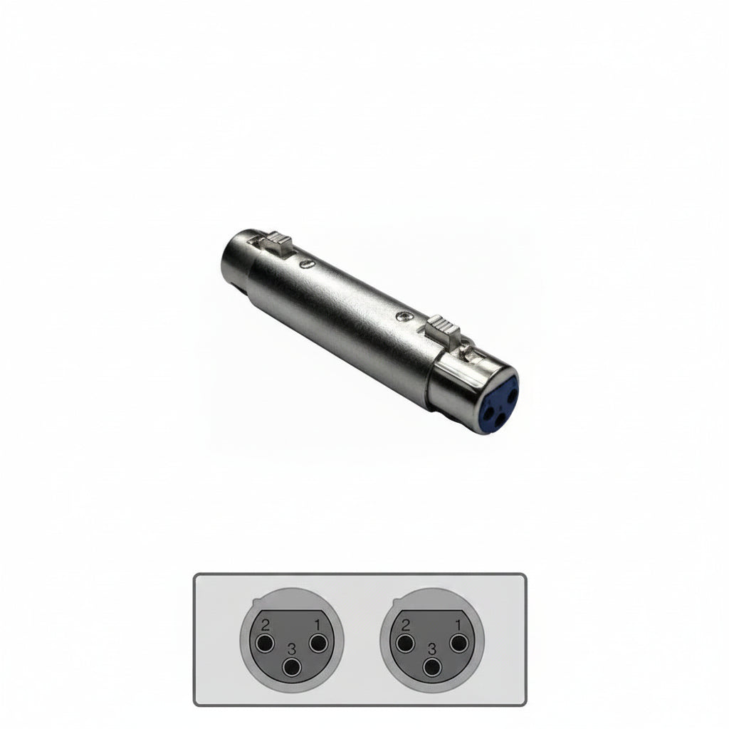 A silver metal XLR audio connector with a blue protective sleeve on the plug, shown above a gray diagram illustrating a two-port electrical outlet.