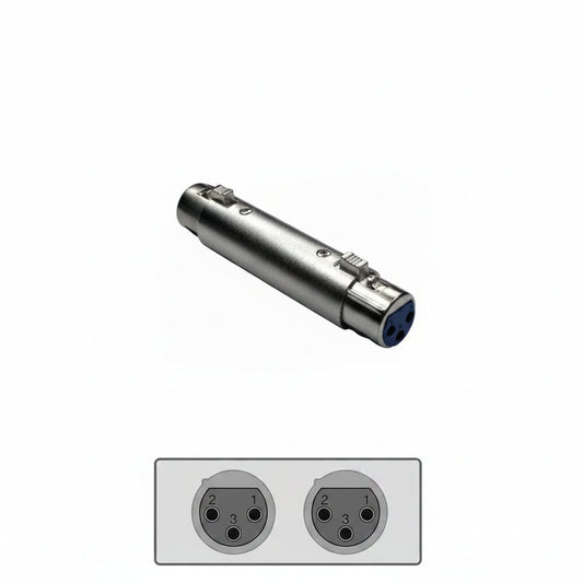 A silver metal XLR audio connector with a blue protective sleeve on the plug, shown above a gray diagram illustrating a two-port electrical outlet.
