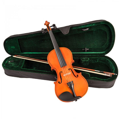 Violin with bow inside an open case on a white background