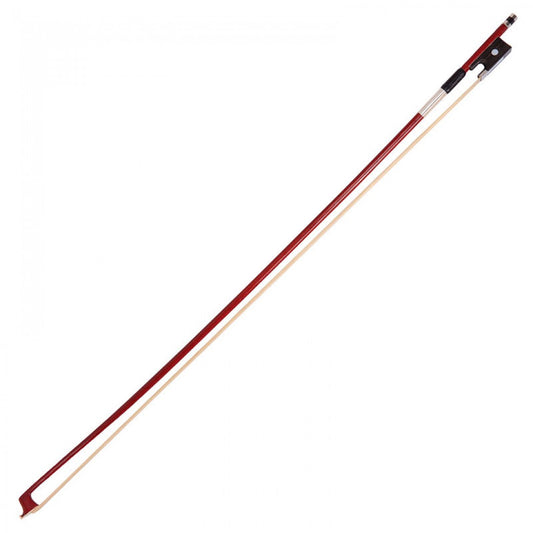 Violin bow with dark/red stick and white hair on a white background