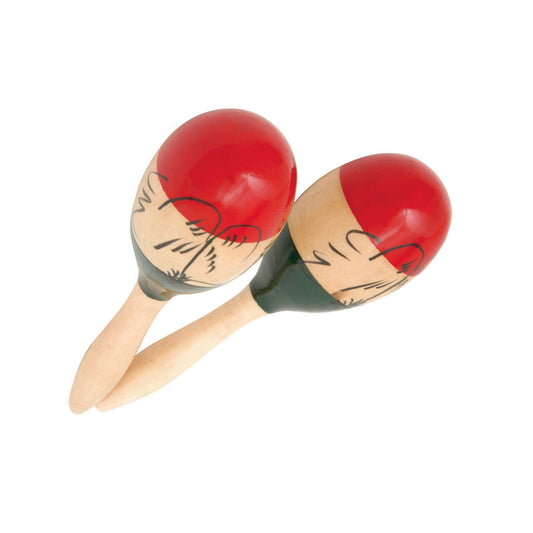 Pair of wooden maracas with red, beige, dark  green and black design on a white background